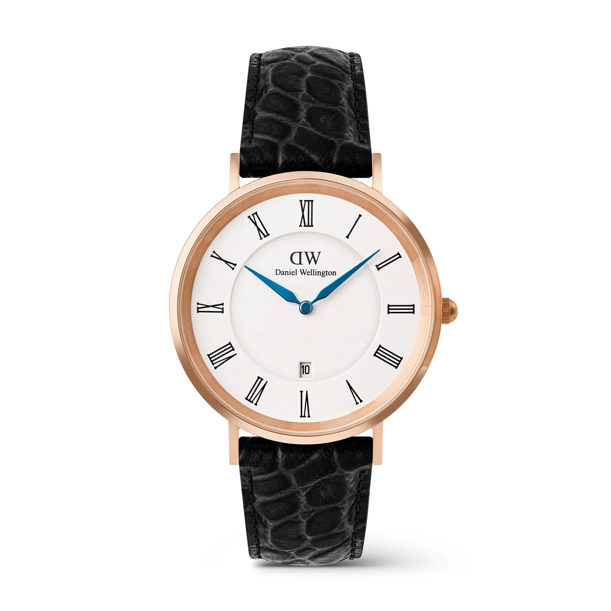 Classic Roman Numerals Date Black Croc Belly Rose Gold